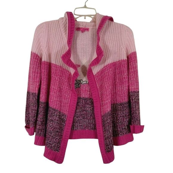Betsey Johnson Girls 6X Cardigan Hooded Sweater Pink Open Front Sequin Star - Picture 1 of 7